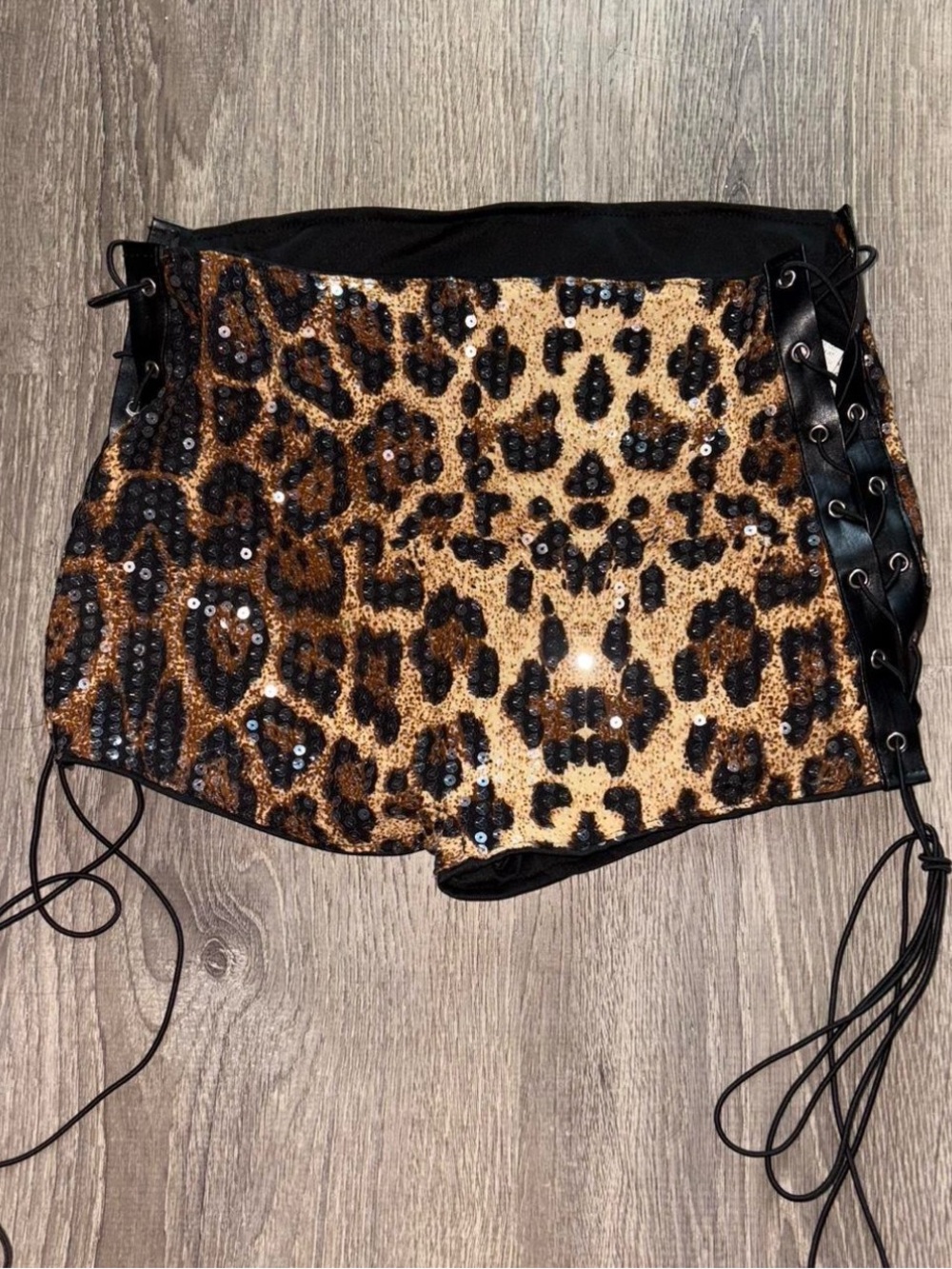 Leopard Sequin Lace-Up High-Waist Shorts - Black & Brown